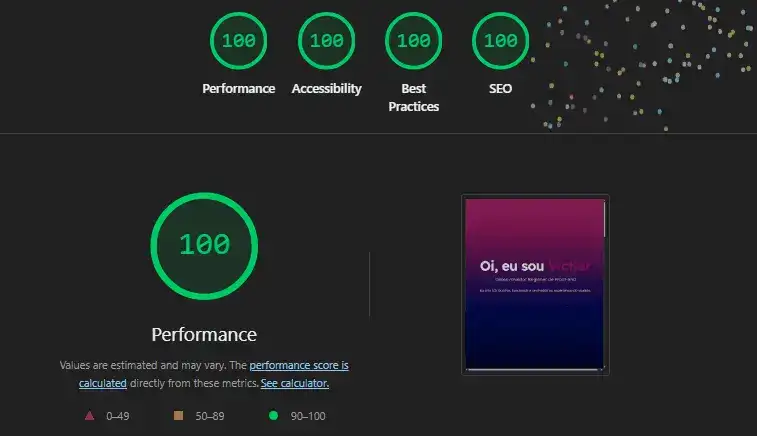 Screenshot do projeto Portfolio 100/100 Lighthouse